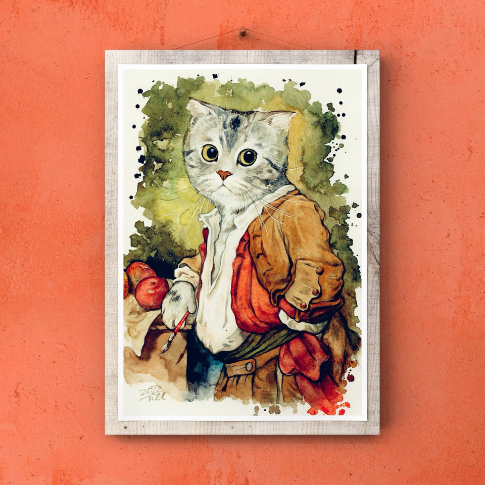 A watercolor by Tee Sang showing Sanmu holding a paintbrush against an orange background